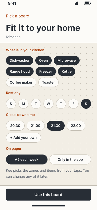 Kitchen board setup: appliances, a rest day, close-down time, and A5 each week.