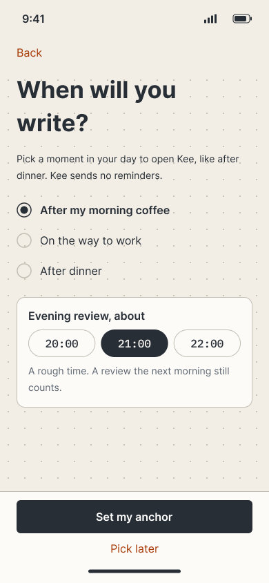 Anchor pick: a moment in the day and a rough evening review time, with pick later.