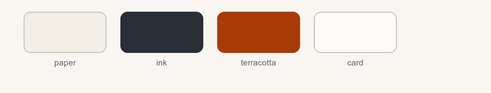 Four Kee colour swatches: paper, ink, terracotta and card.