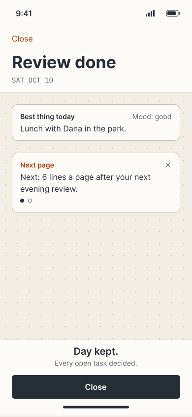 Review done: the day is kept when every open task is decided.