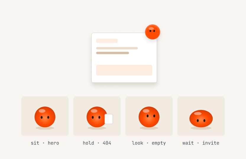 Pip, an orange dot mascot, perched on a catalog card, with four poses: sit, hold, look and wait.
