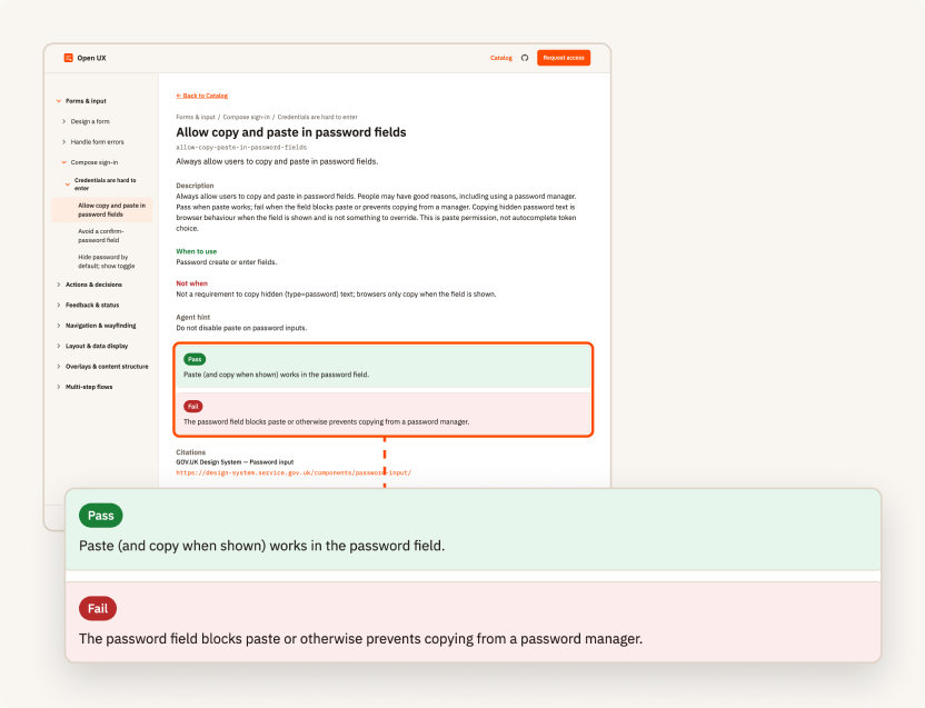 A rule page on open-ux.dev with its pass and fail examples zoomed in.